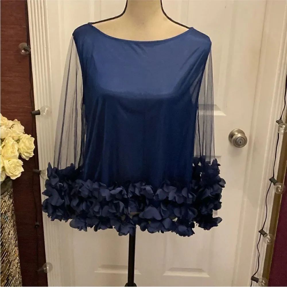 Hesperus Elegant Blue Women's Blouse with Floral appliqué Accents, L